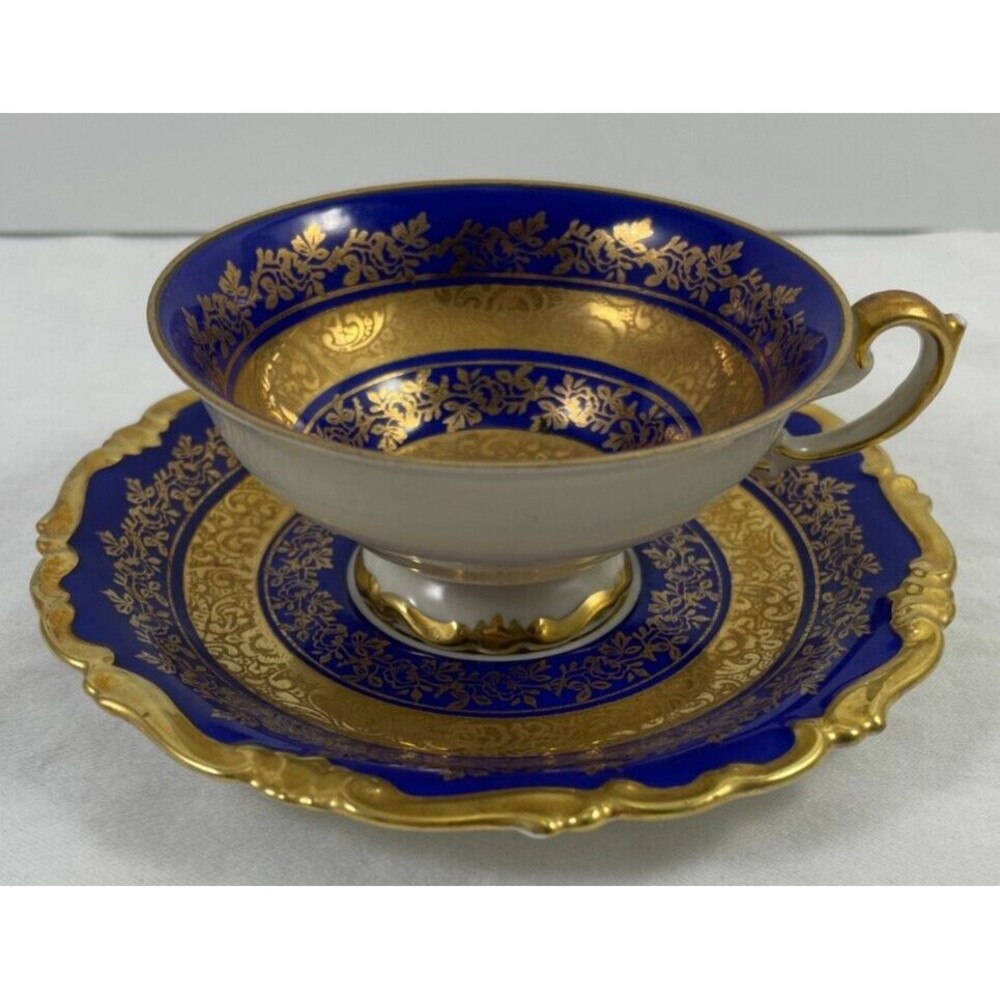 Alka Kunst Tea Cup & Saucer Footed Blue Gold Bavaria Germany US Zone